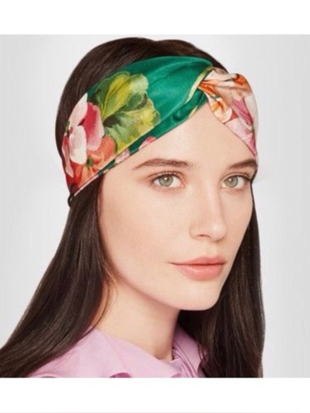 Floral Twist Satin Headband in Green and Pink
